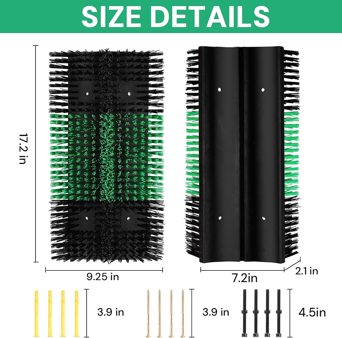 Two livestock scratching brushes showing green and black bristles