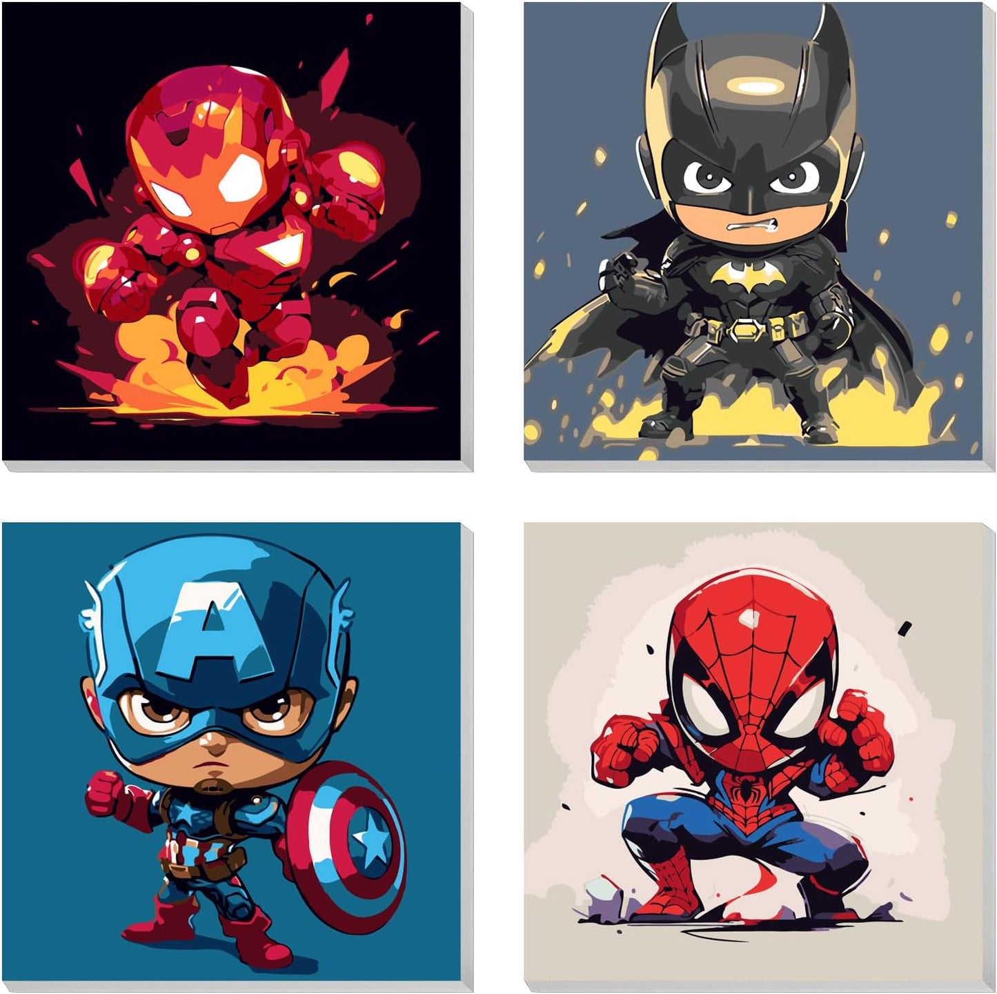 AILIBUT 4 Pack Paint by Numbers Kit for Kids front view showing chibi superhero canvases.