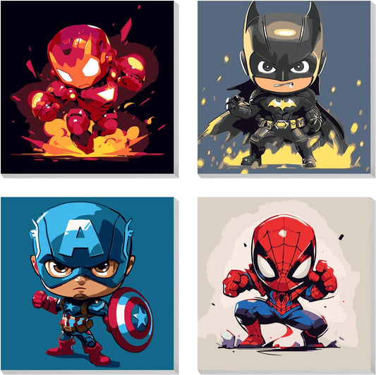 AILIBUT 4 Pack Paint by Numbers Kit for Kids front view showing chibi superhero canvases.