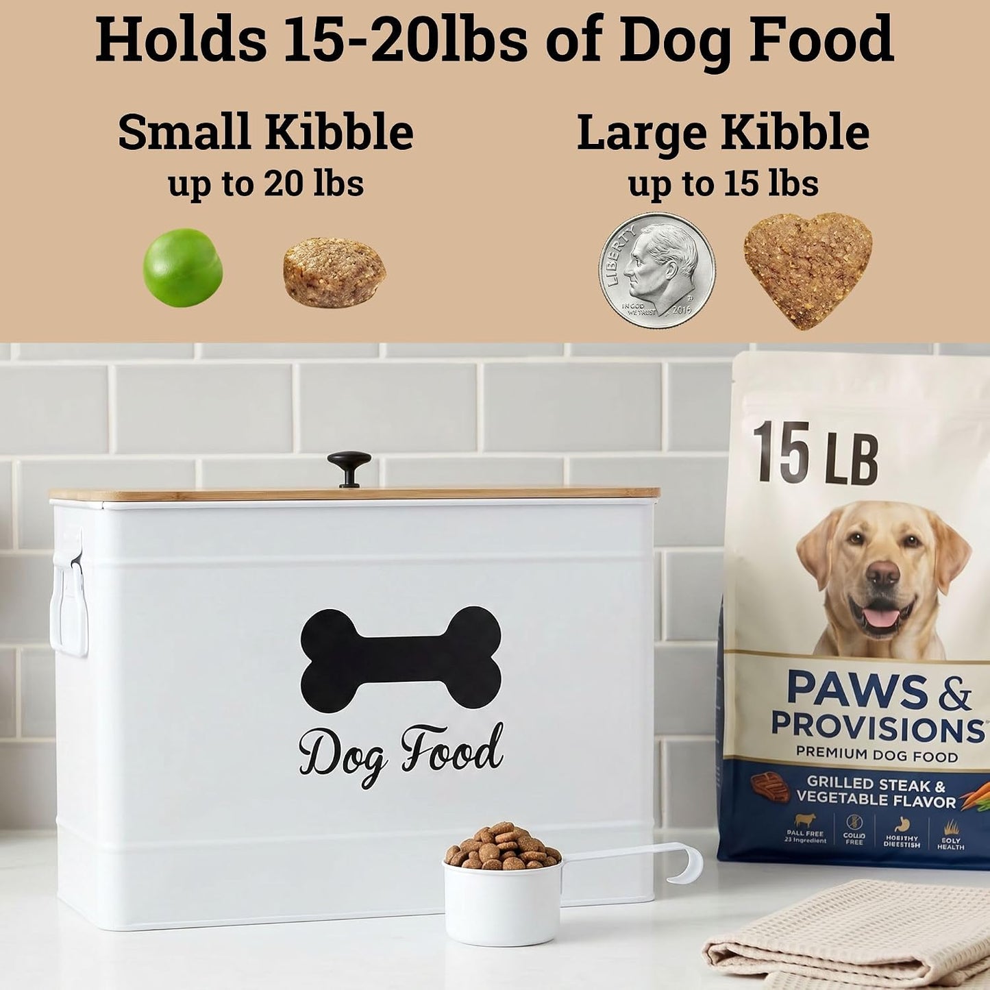 Dog Food Container Airtight 15-20 lb (70 Cup) Capacity with Metal Scoop - Cute Airtight Dog Food Storage Container with Bamboo Lid - White Metal Kibble Storage Bin for Dogs up to 100 lbs - Big Pet Jar - Image 3