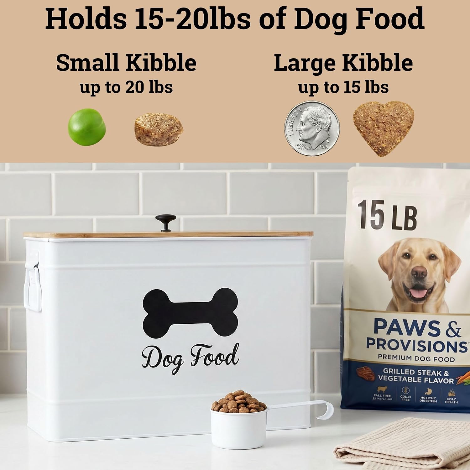 Dog Food Container Airtight 15-20 lb (70 Cup) Capacity with Metal Scoop - Cute Airtight Dog Food Storage Container with Bamboo Lid - White Metal Kibble Storage Bin for Dogs up to 100 lbs - Big Pet Jar - Image 3