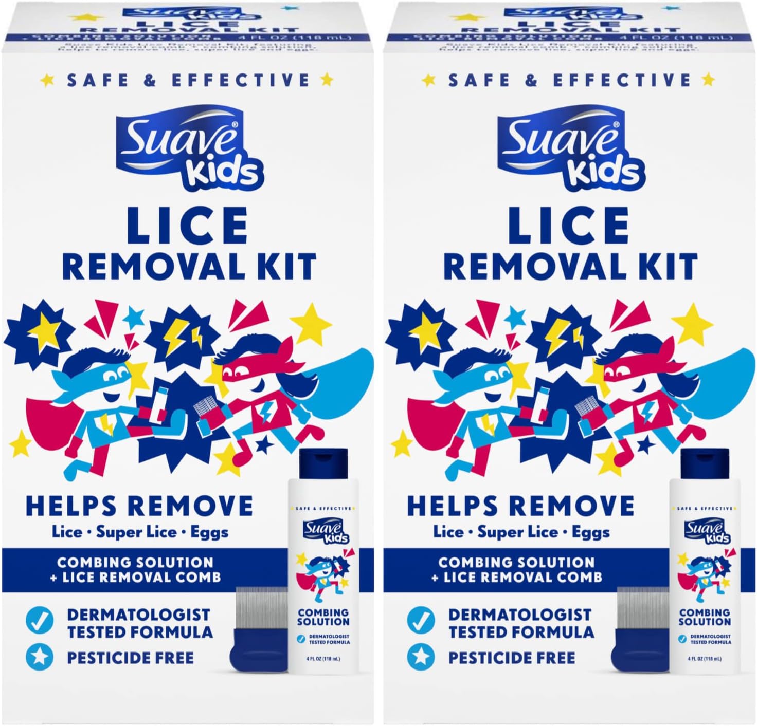 Suave Kids Head Lice Treatment Kit front packaging showing two bottles and comb.
