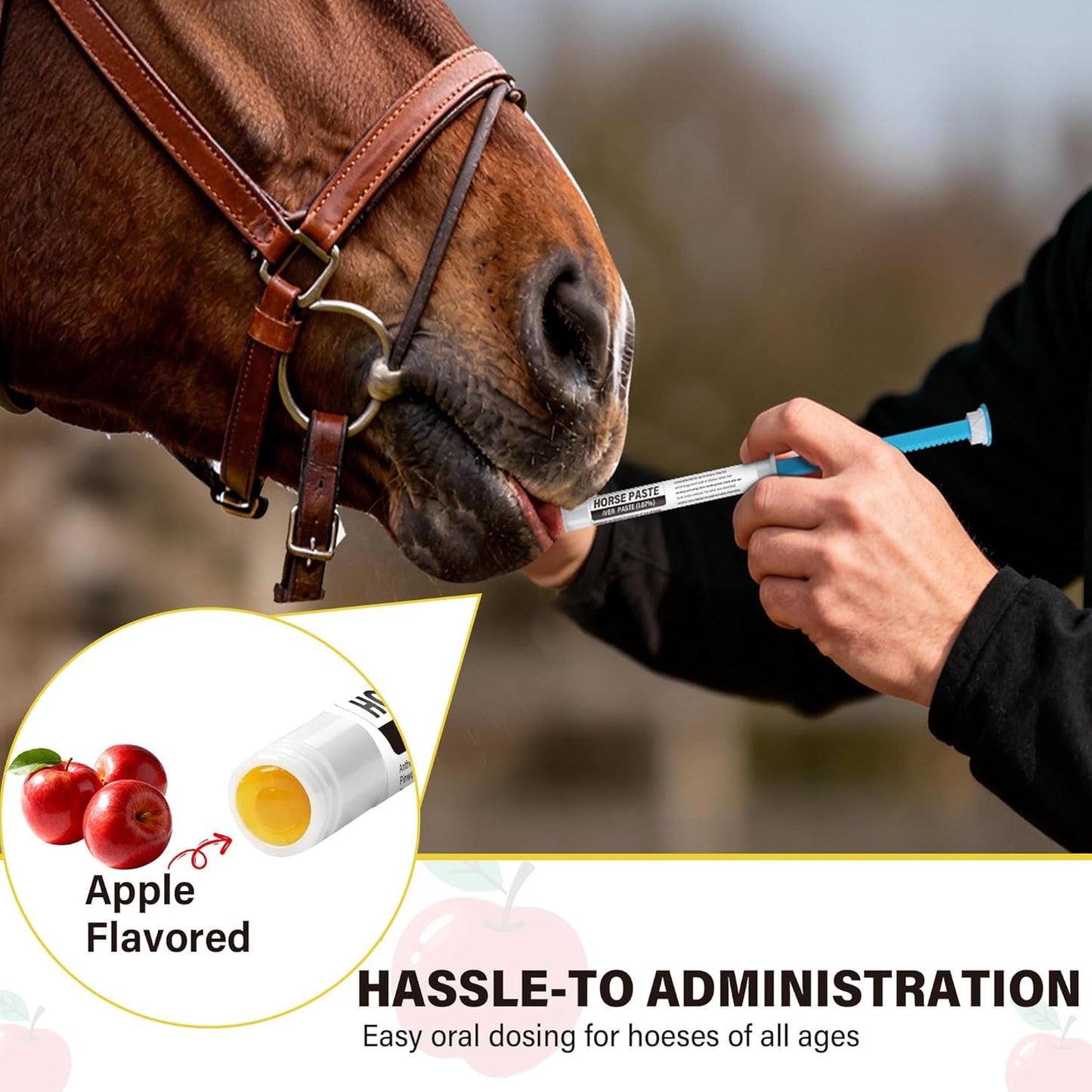 Close up of apple flavored equine dewormer syringe