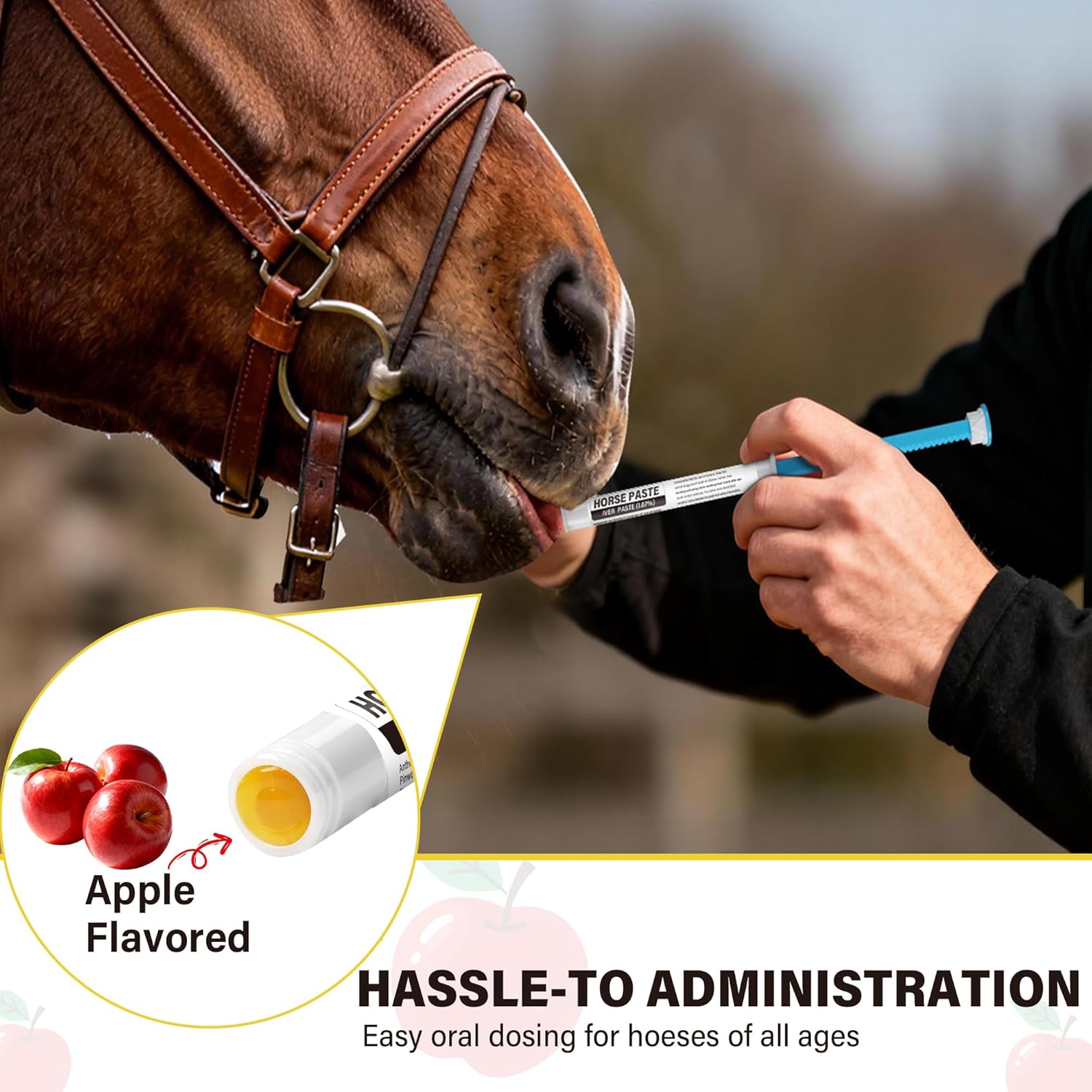 Close up of apple flavored equine dewormer syringe