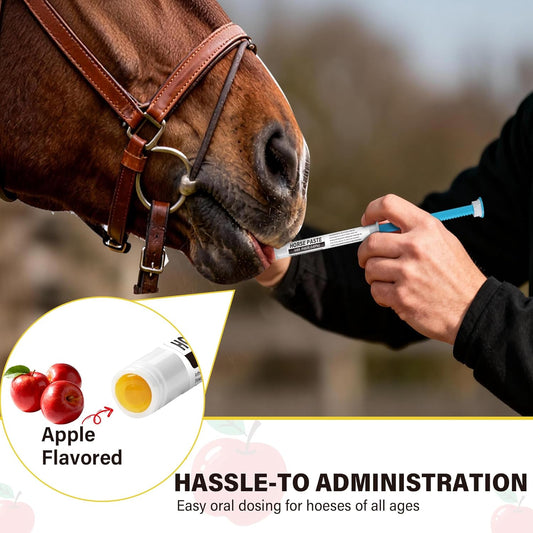 Close up of apple flavored equine dewormer syringe