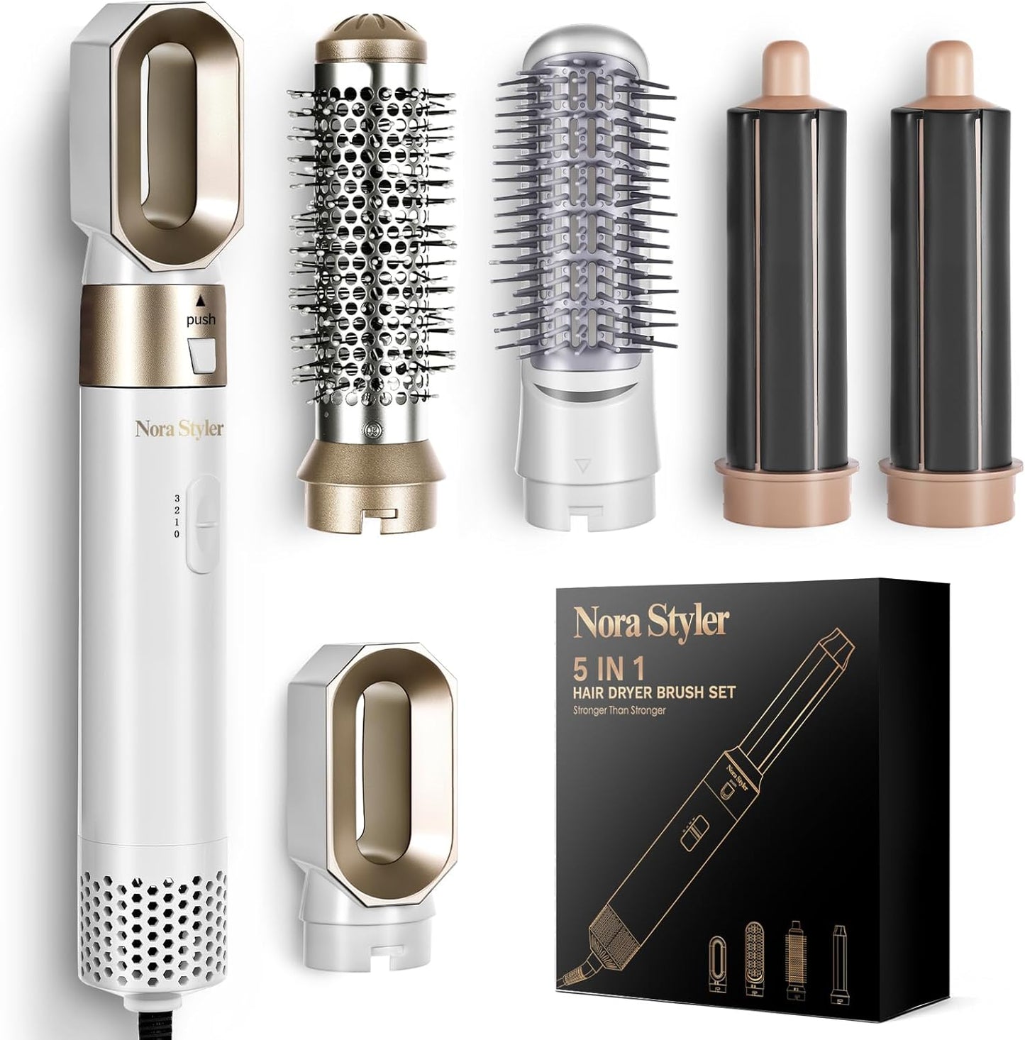 Nora Styler 5-in-1 hair styler set front view showing the main power handle and all five interchangeable attachments.