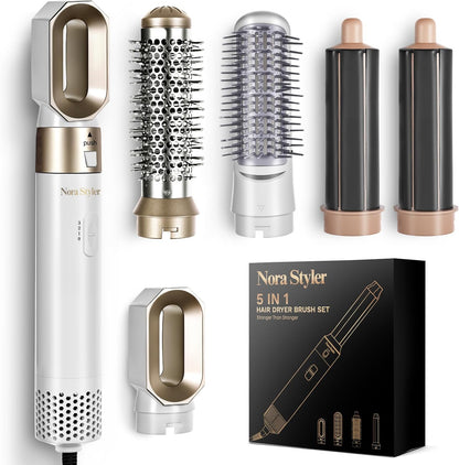 Nora Styler 5-in-1 hair styler set front view showing the main power handle and all five interchangeable attachments.