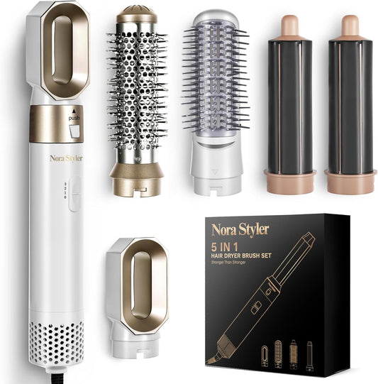 Nora Styler 5-in-1 hair styler set front view showing the main power handle and all five interchangeable attachments.