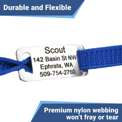 GoTags personalized identity tag collar illustrating the secure attachment of the metal nameplate.