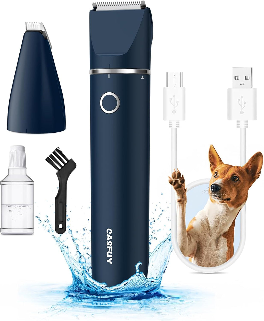 Casfuy electric pet grooming trimmer kit showing both standard and narrow blade heads.