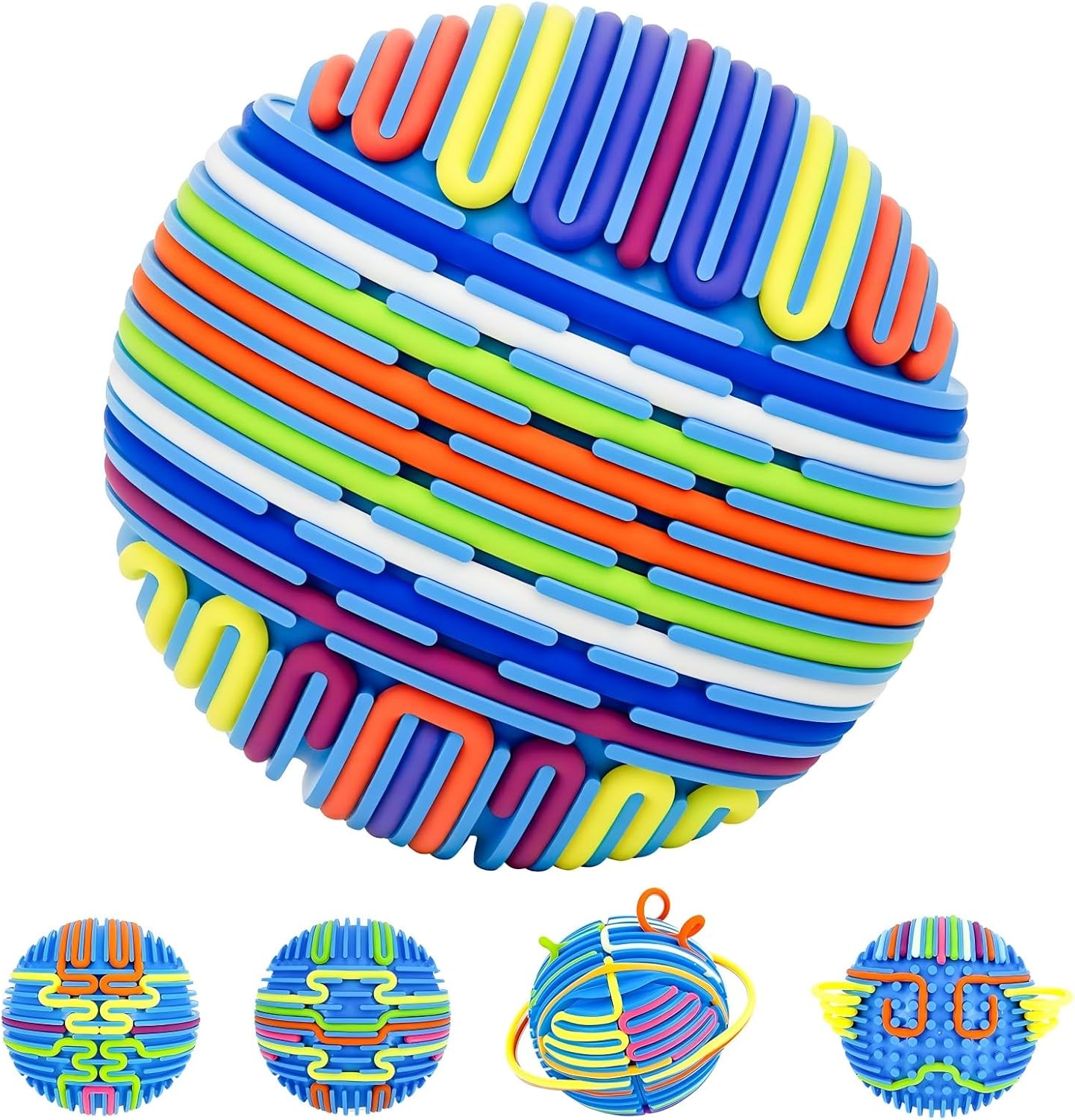 PushGoGo Sensory Activity Ball front view showing blue core and vibrant silicone strings.