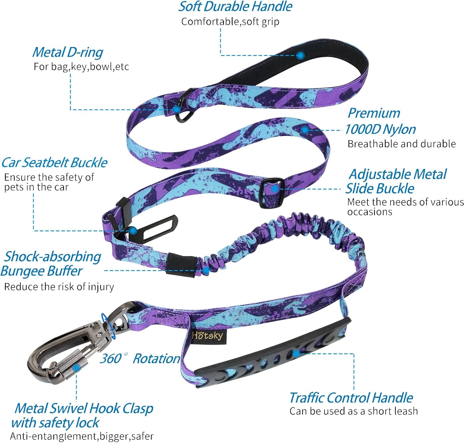 Hotsky heavy duty bungee dog lead close up of the shock absorbing elastic section