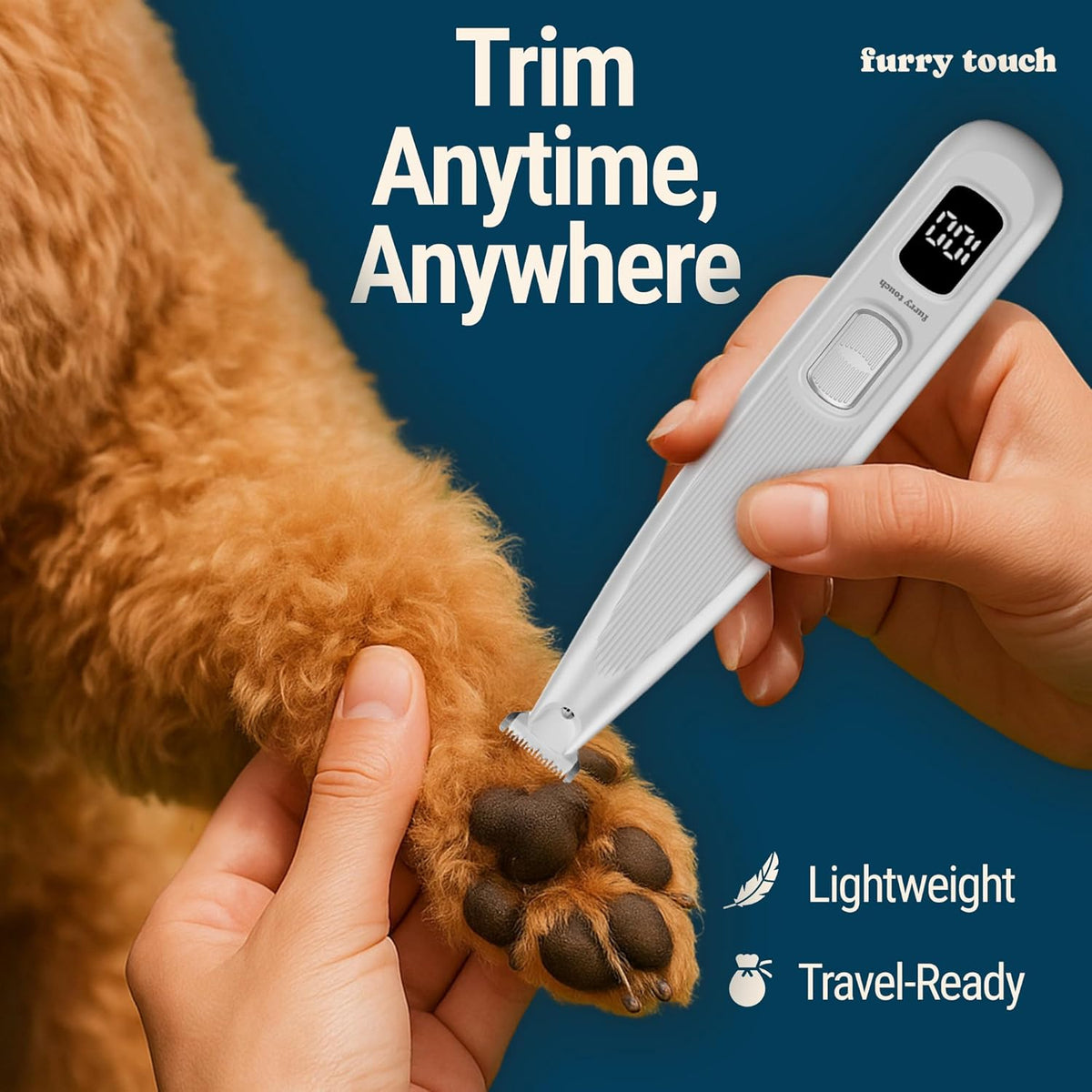 Close up view of the pet safe rounded ceramic blade of the Furry Touch cordless grooming tool.