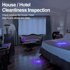 Vansky 100 LED UV torch illuminating hidden pet urine stains on a living room carpet.