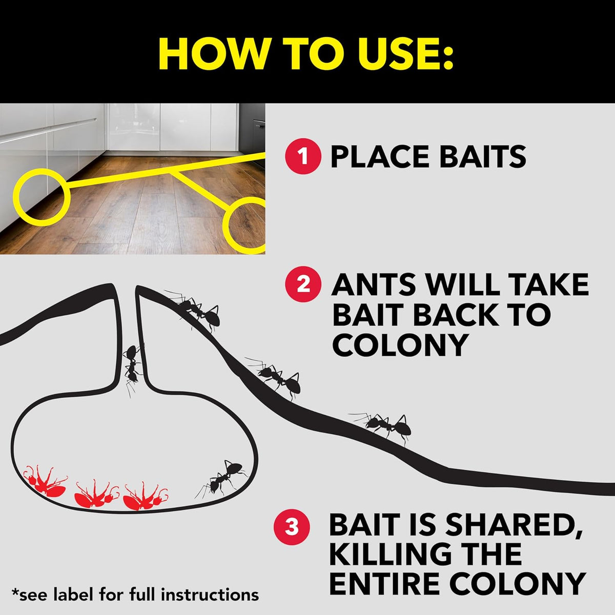 Avermectin formulation ant bait station positioned under a residential kitchen sink area.