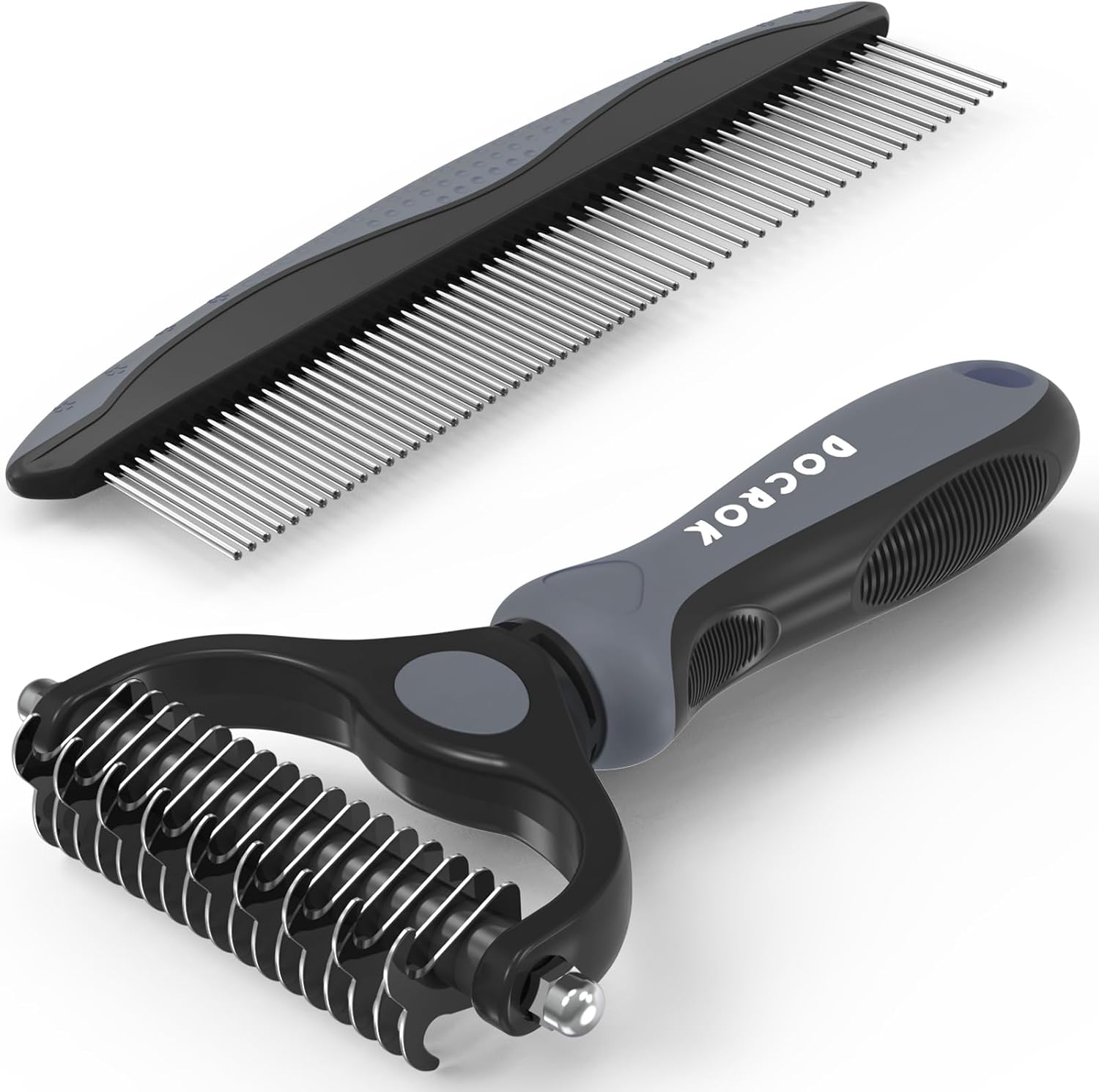 Docrok blue pet shedding tool and metal comb displayed together on a clean white grooming surface