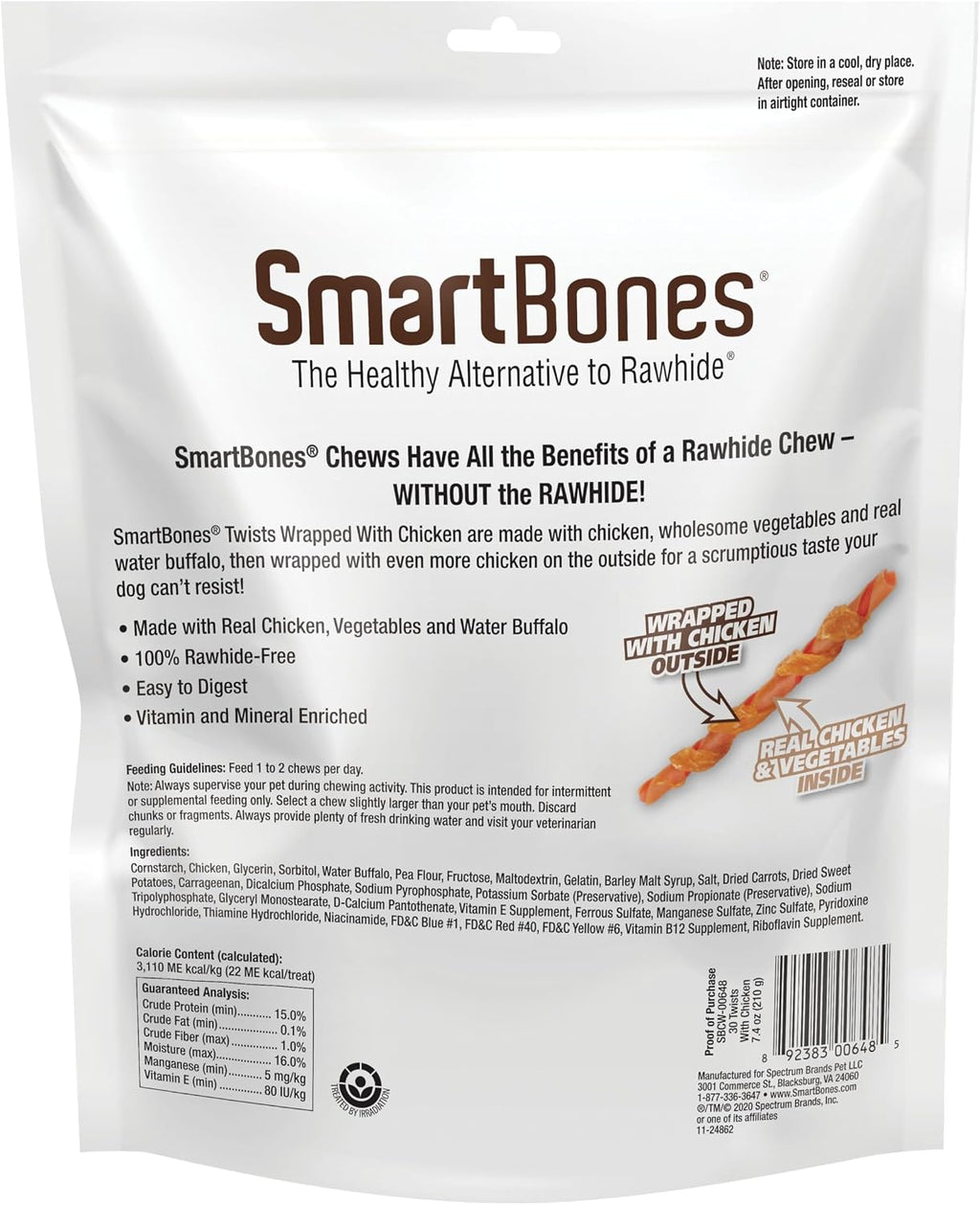 SmartBones 30 count rawhide-free dog treats pack side view