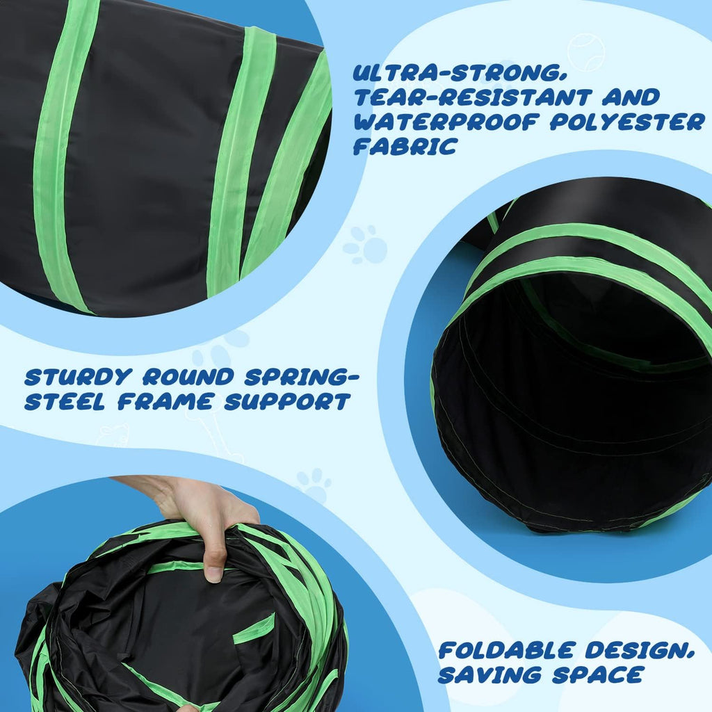 Collapsible four-way kitten playhouse folded flat next to its green-accented storage bag.