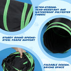 Collapsible four-way kitten playhouse folded flat next to its green-accented storage bag.