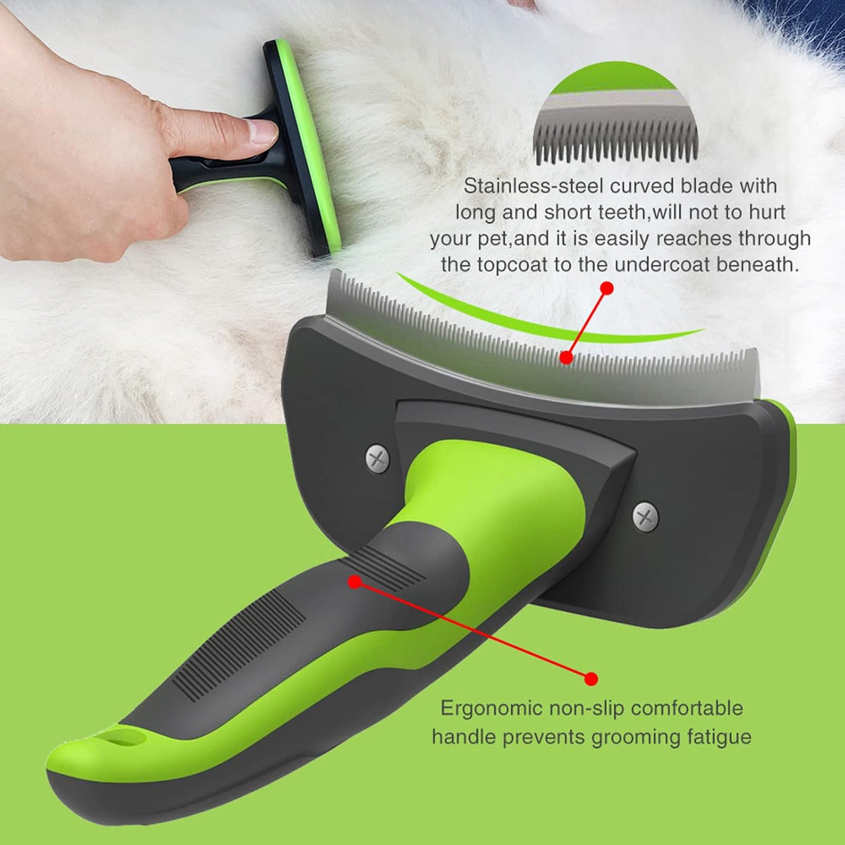 Detailed close up of the four inch stainless steel edge for effectively reducing pet shedding