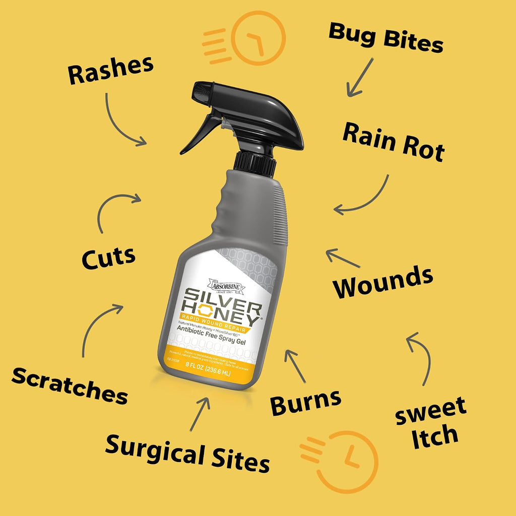 Absorbine Silver Honey spray gel application on horse wound