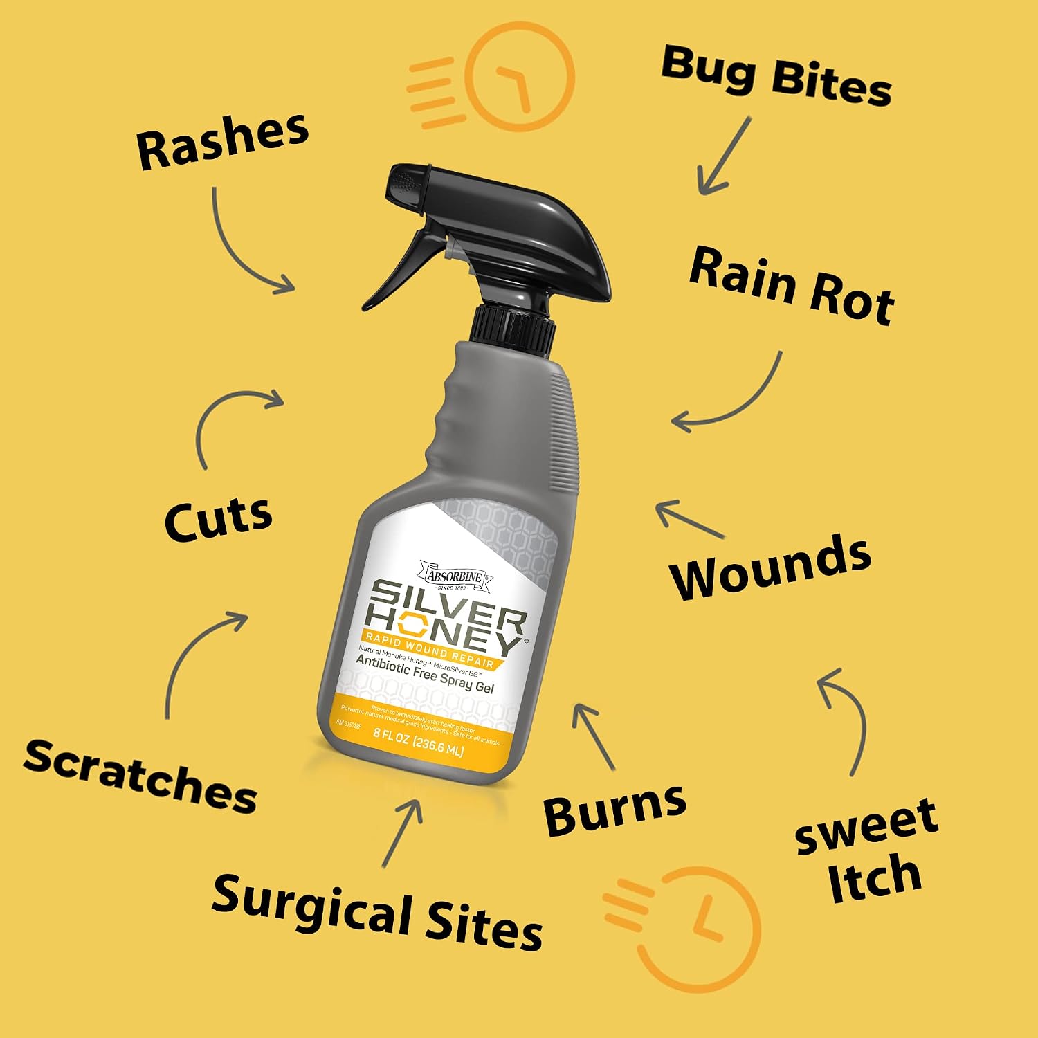 Absorbine Silver Honey spray gel application on horse wound