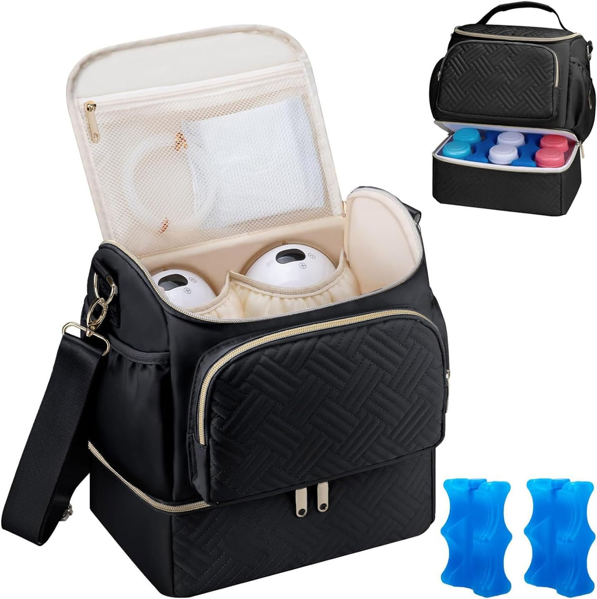 GDNasist wearable breast pump bag in black showing front quilted exterior design