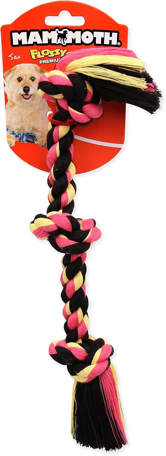 Close up of the sturdy premium cotton blend fibers on the colorful rope tug toy