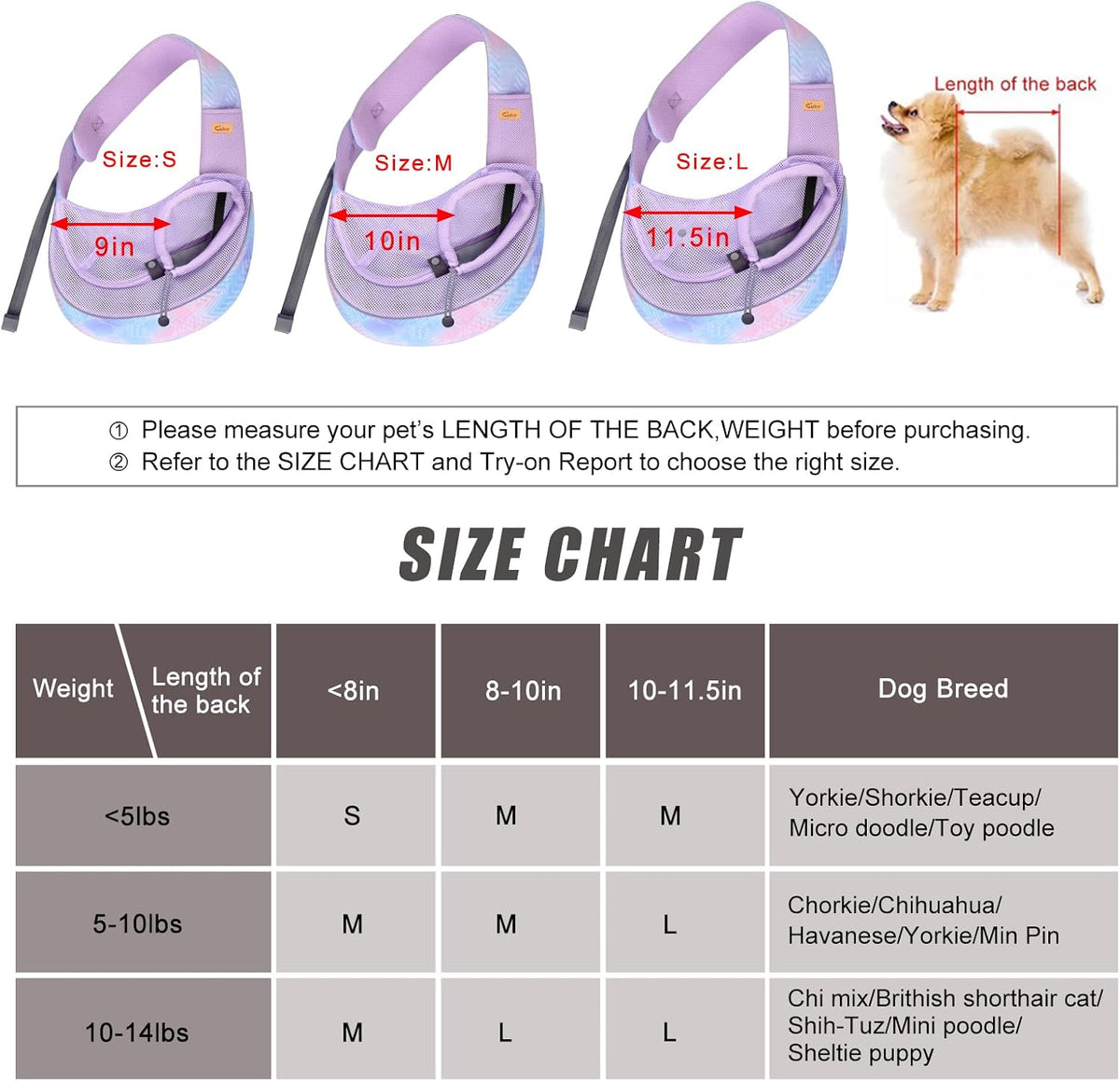Small dog sitting inside purple Cuby breathable sling bag