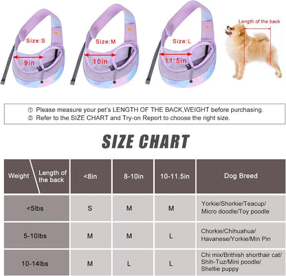 Small dog sitting inside purple Cuby breathable sling bag