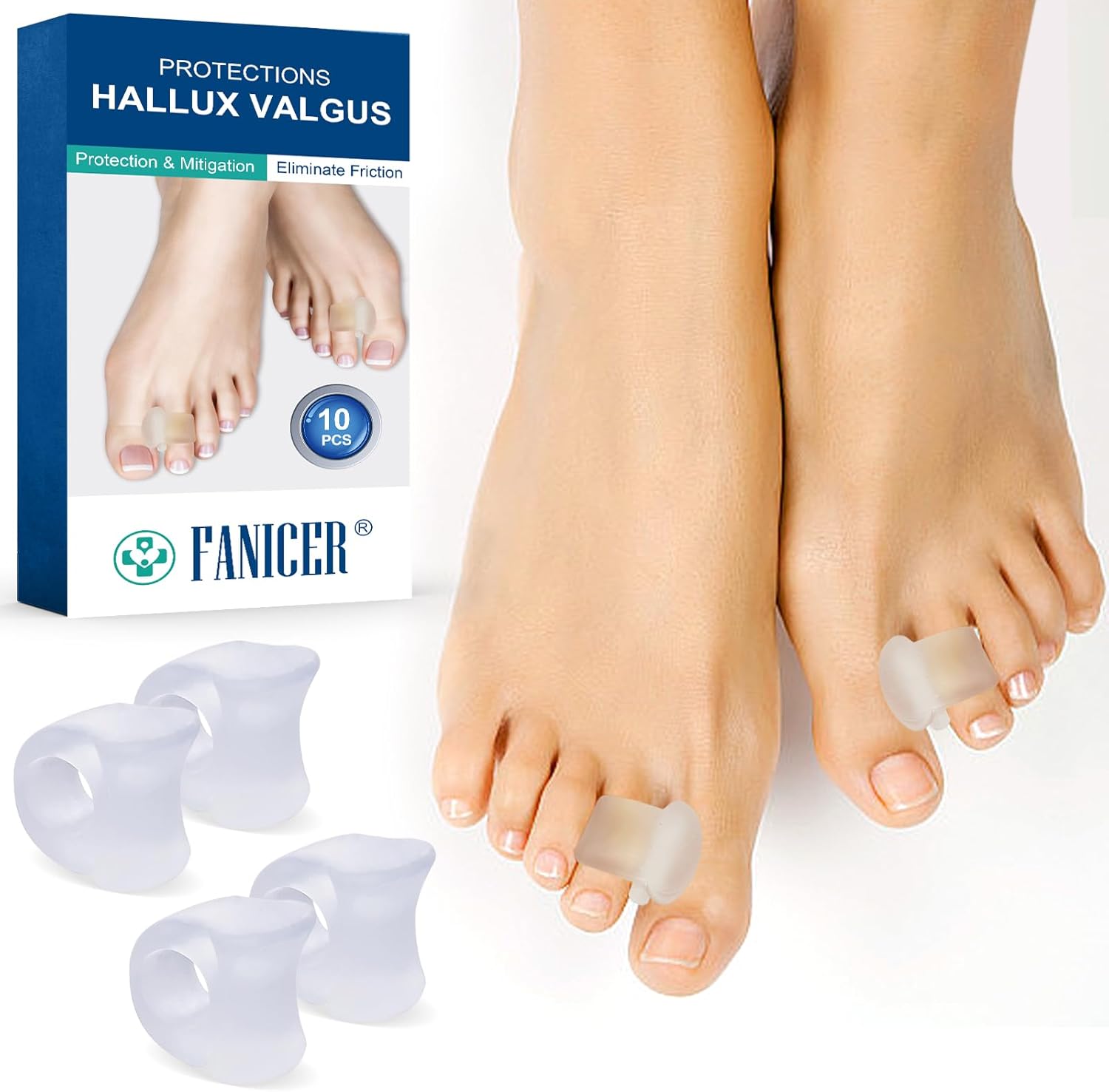 Viexpand gel toe spacers pack of 10 front view for bunion relief