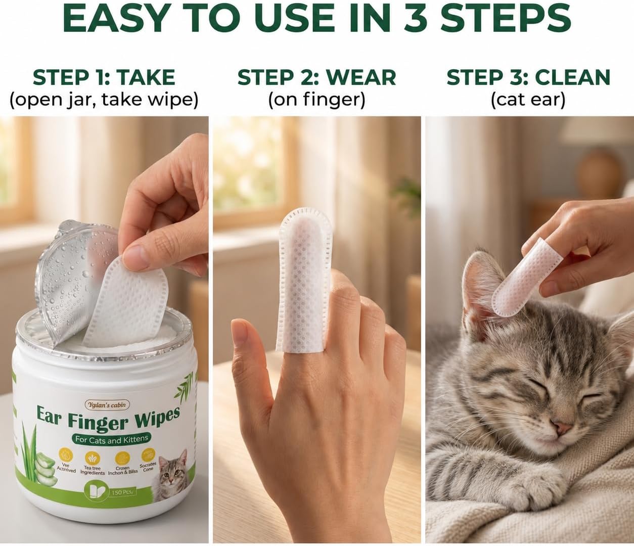 Instructions label on the back of Dylan's cabin pet ear wipes