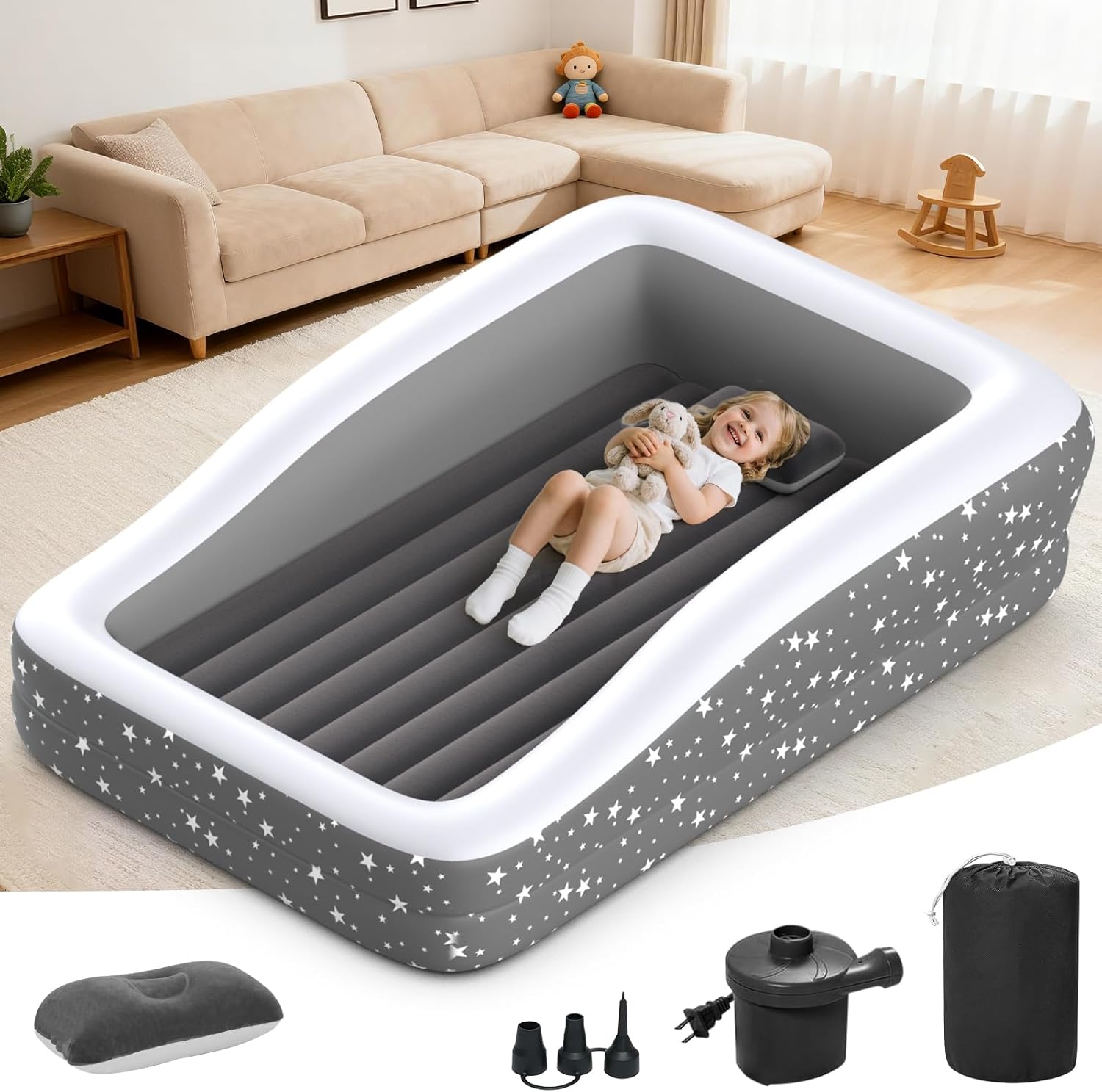 Deeteck inflatable toddler travel bed front view in grey color featuring four safety side bumpers