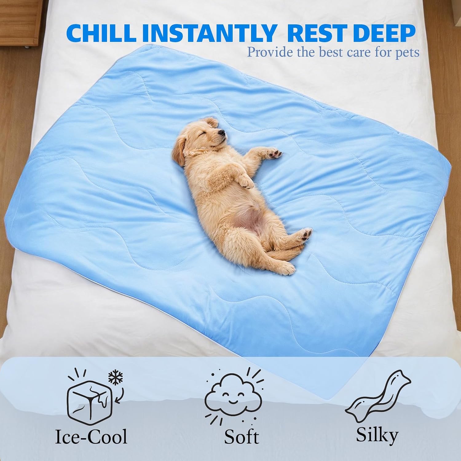 Large dog resting comfortably on blue self cooling pet mat