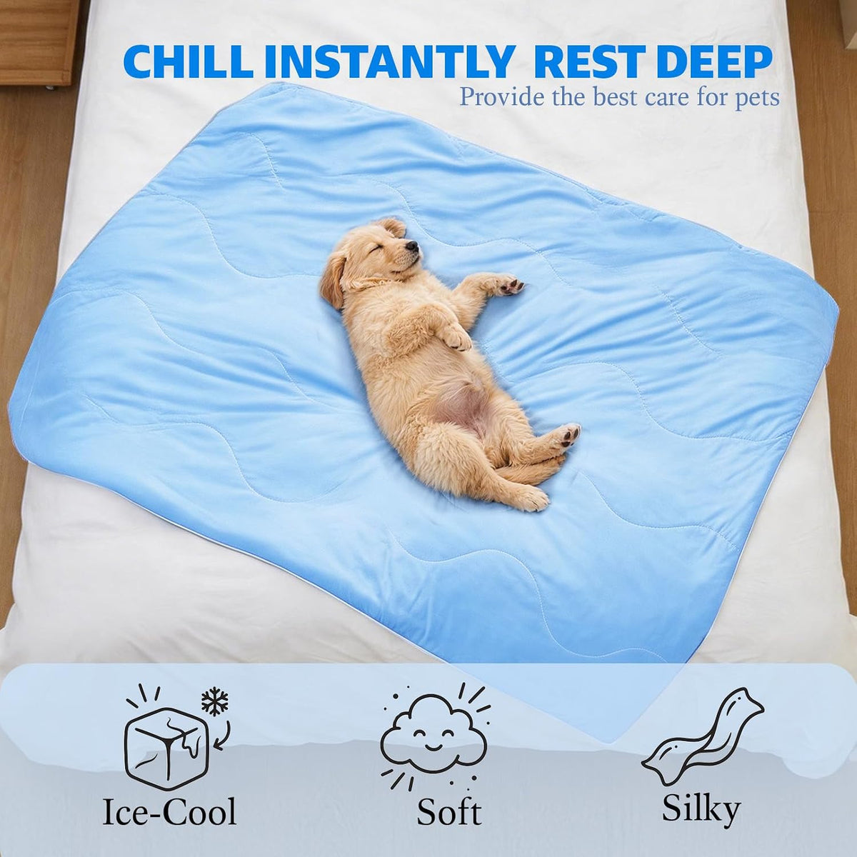 Large dog resting comfortably on blue self cooling pet mat