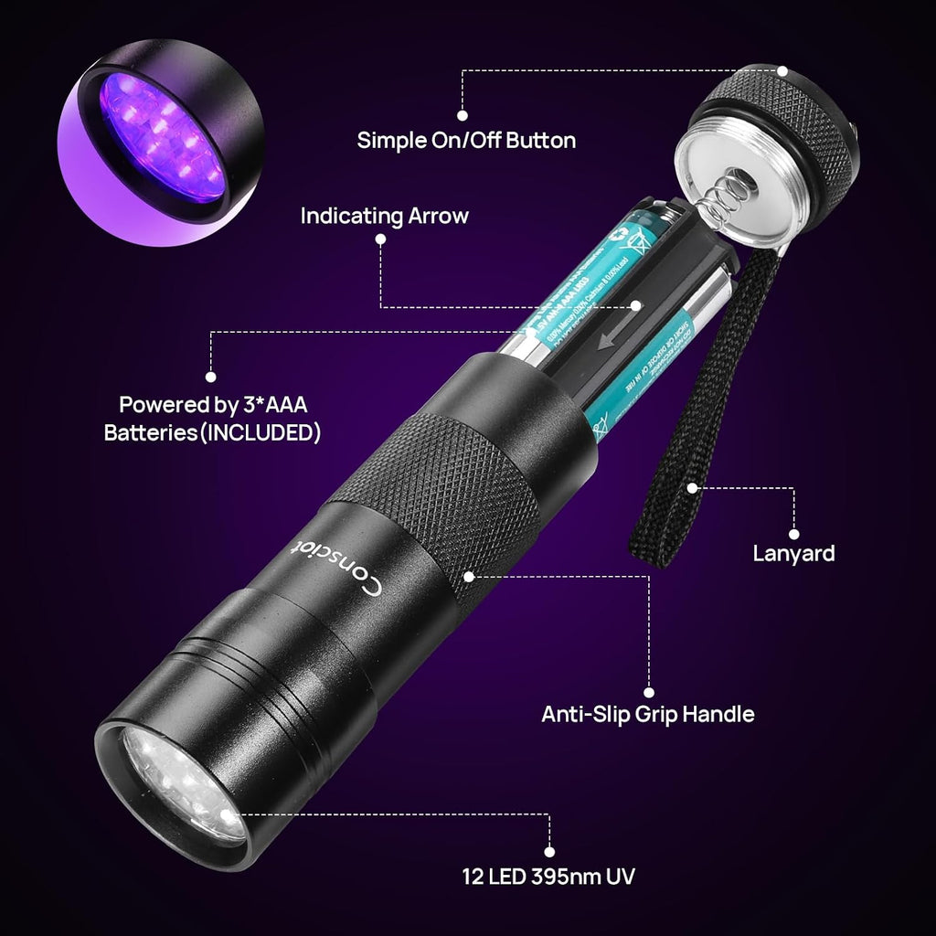 Consciot 12 LED ultraviolet blacklight torch close up