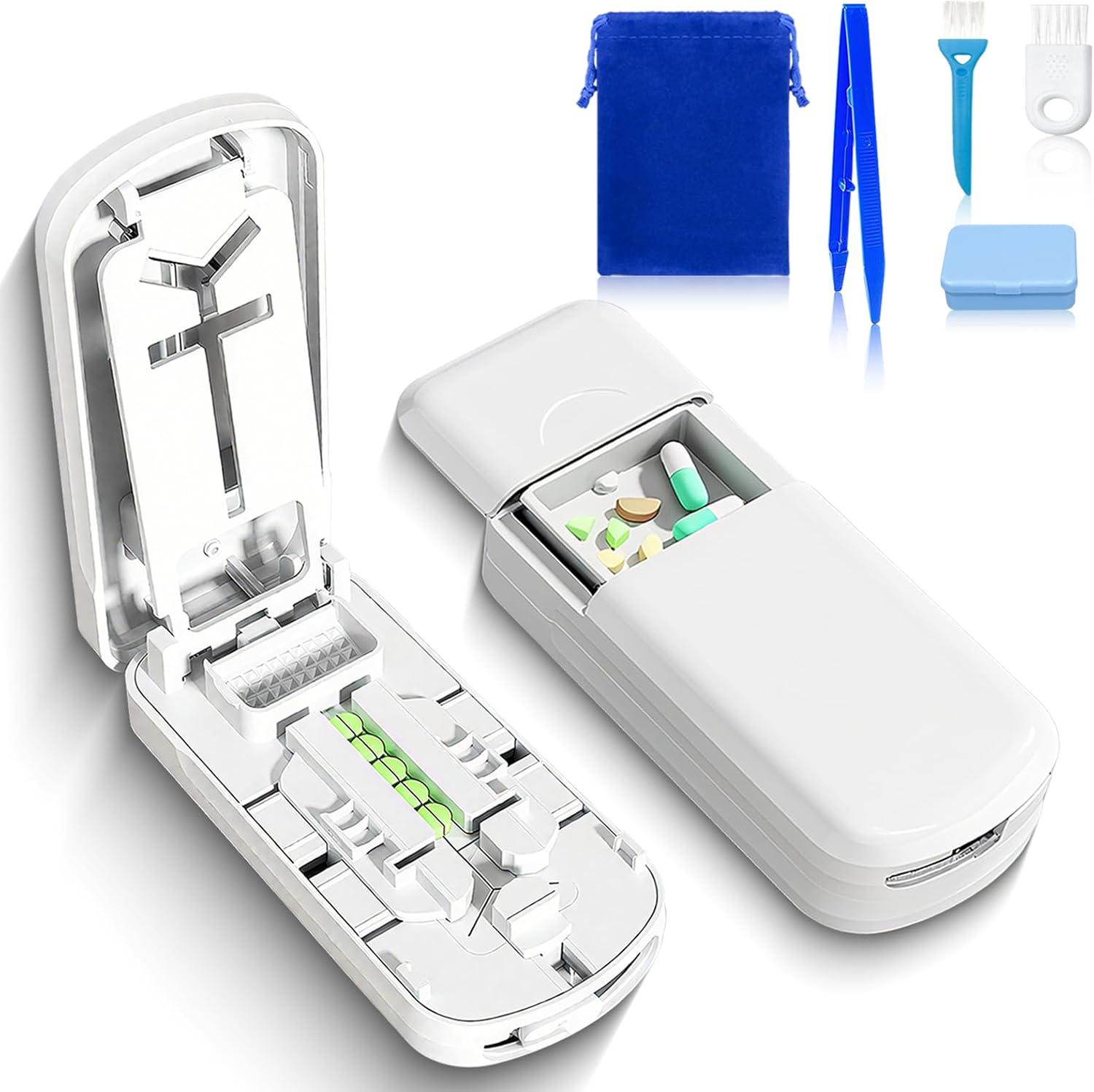 Bright Companion adjustable pill cutter front view showing the sleek white exterior design.