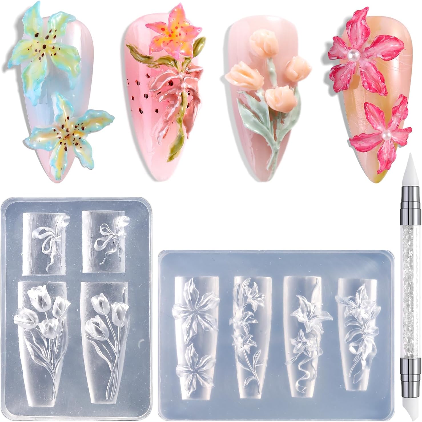 FSpronail Silicone Nail Art Molds front view showing clear floral templates