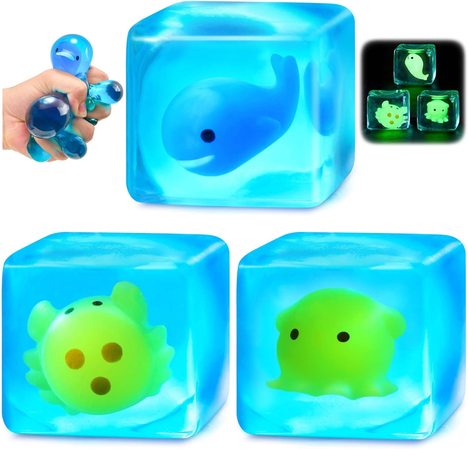 Meijoy Squishy Stress Cube front view showing clear ice shape exterior