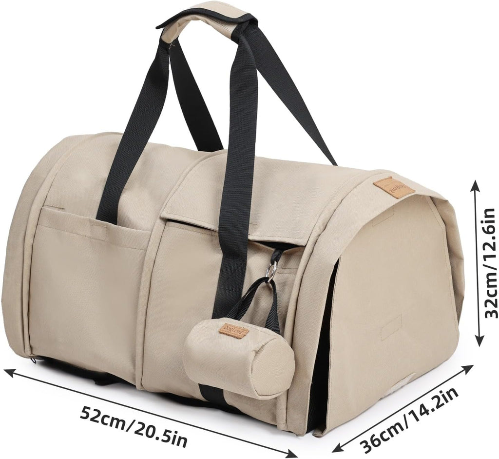 GentleBliss khaki pet carrier secured into a vehicle seat setup for travel safety