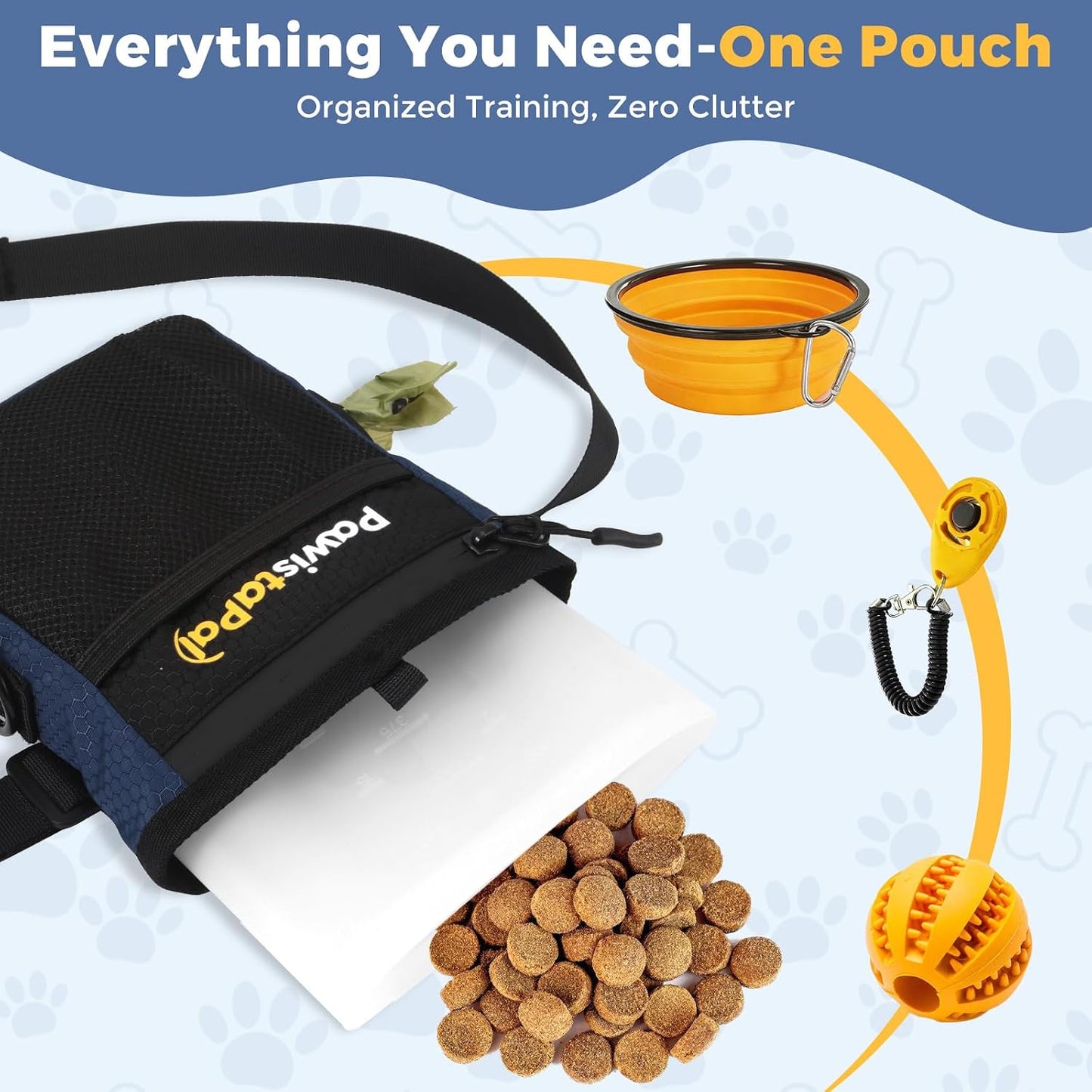 PawistaPal reward pocket showcasing two cup capacity with kibble and keys