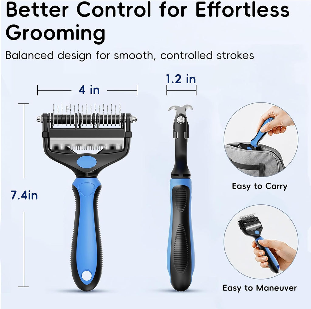 Ergonomic rubber grip of the 3-in-1 professional pet rake