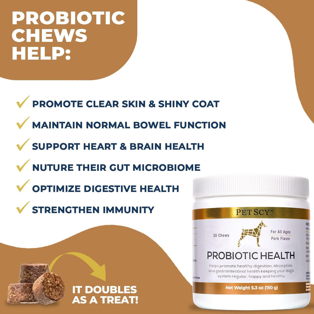 PetScy dog probiotic soft chews jar displaying ingredients and USA made seal