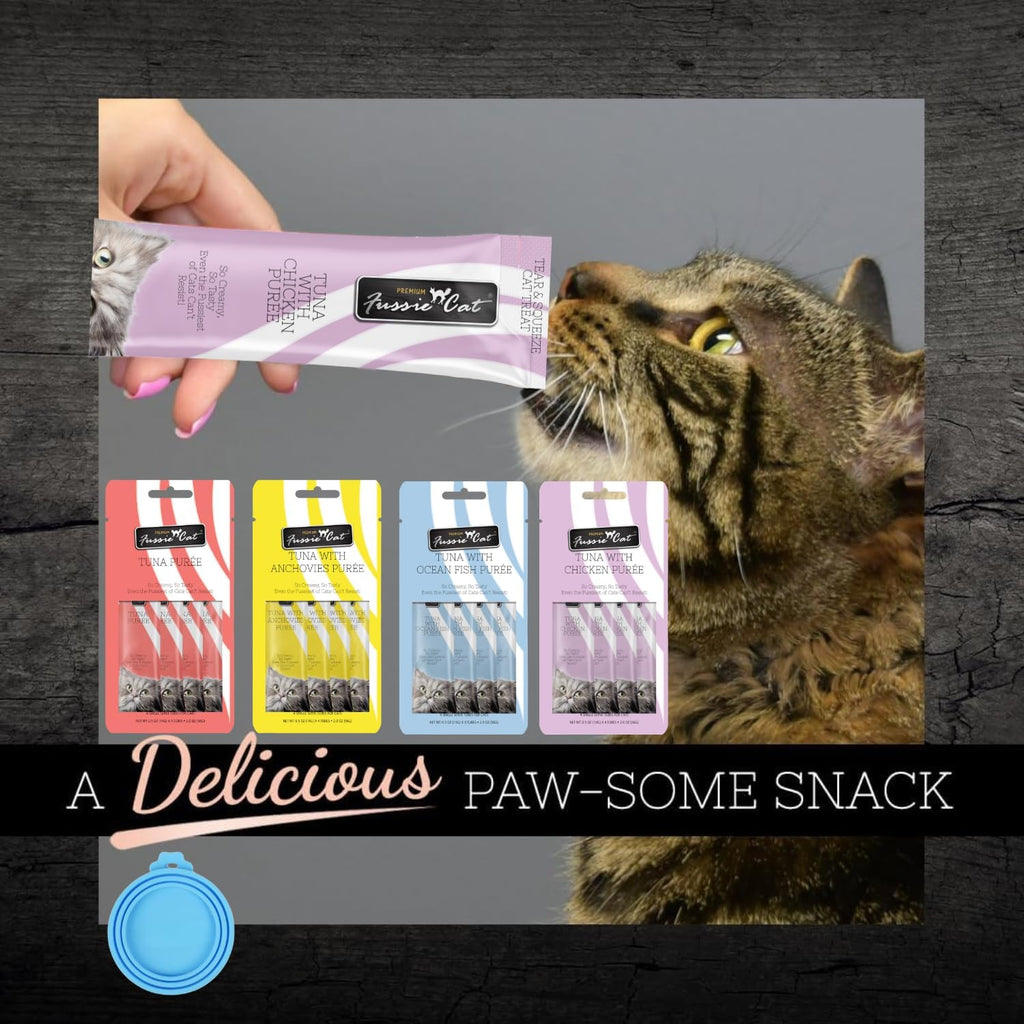 Fussie Cat treat tube being squeezed onto a cat food bowl