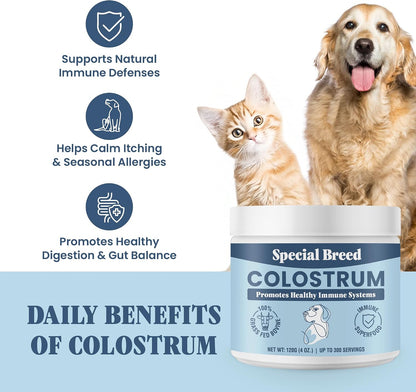 Special Breed grass fed colostrum powder for dog and cat allergy relief.