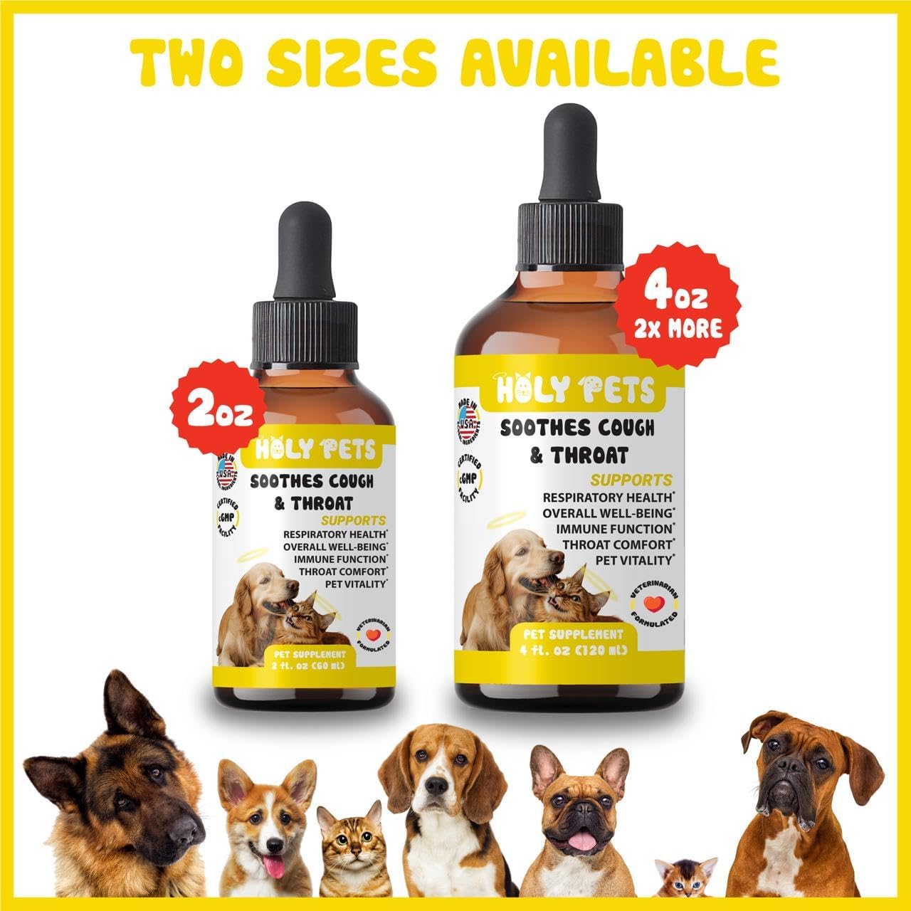 Holy Pets kennel cough treatment dropper with liquid remedy for felines and canines.