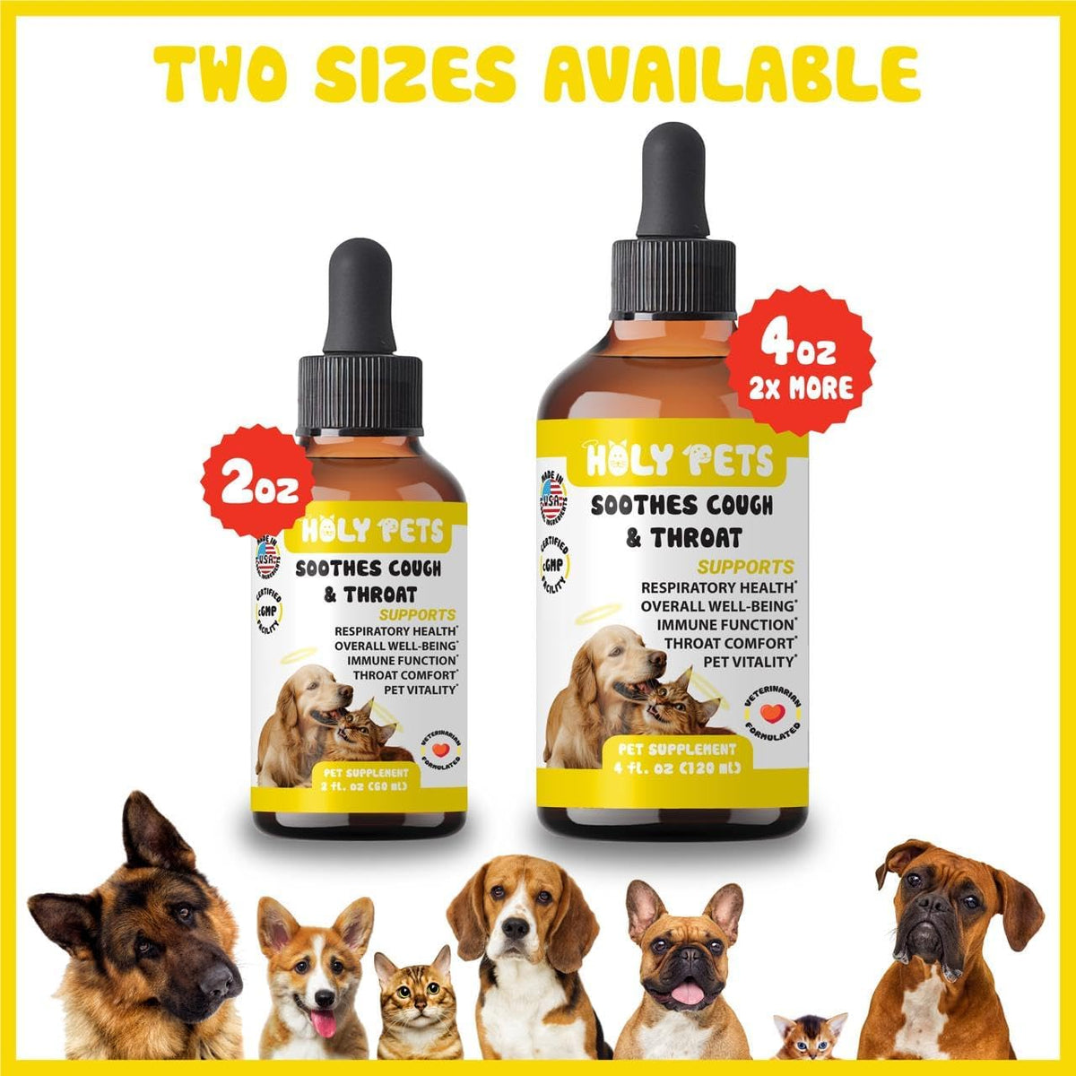 Holy Pets kennel cough treatment dropper with liquid remedy for felines and canines.
