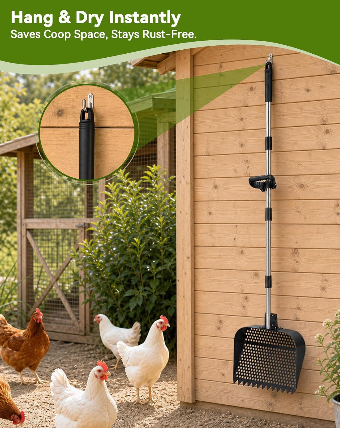 PawGiant adjustable chicken waste cleaning shovel disassembled into compact pieces for convenient tool shed storage