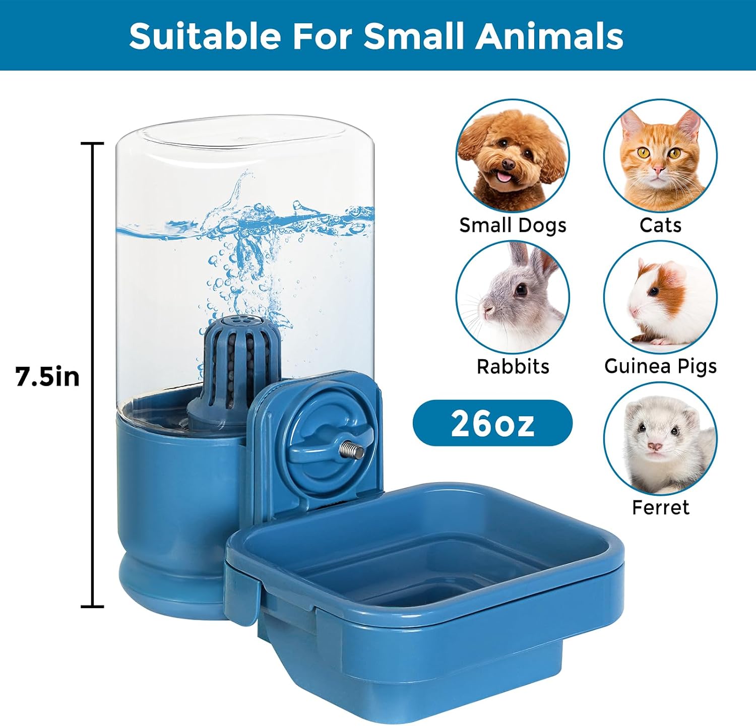 VANNON Small Animal Filter Water Dispenser for Crate, 26oz Water Bottle for Cage, BPA Free and Anti-Overeflow Pet Water Bowl for Small Dogs, Cats and Rabbits, Blue - Image 2