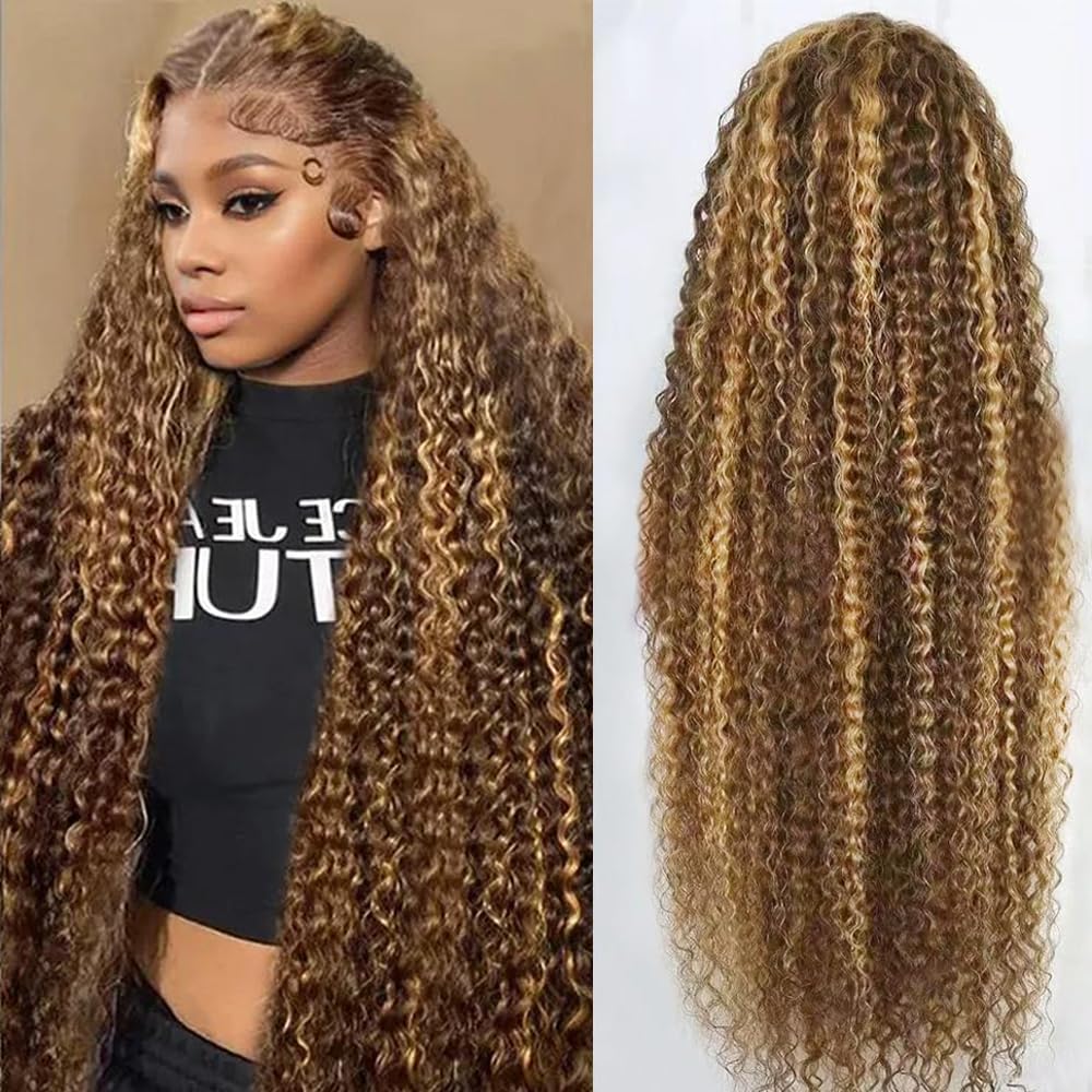 Tylokra 30 inch highlight ombre deep wave human hair wig front view featuring honey blonde P4/27 curls.